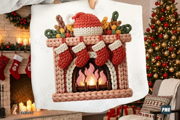 Preppy Faux Yarn Christmas Fireplace PNG: Festive Digital Art for Holiday Creations